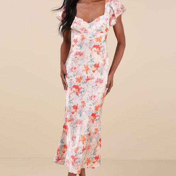 Lulus Ryland Cream Multi Floral Satin Flutter Sleeve Midi Dress White - Size M - Picture 1 of 1